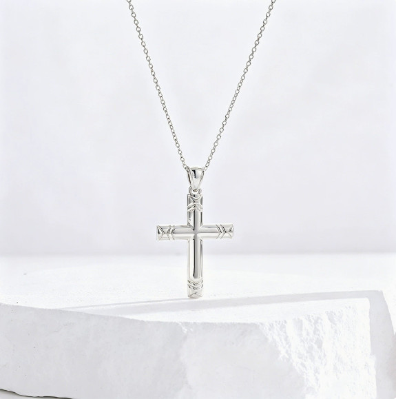 Embossed Pattern Cross Pendant Necklace Stylish Religious Accessory for Women
