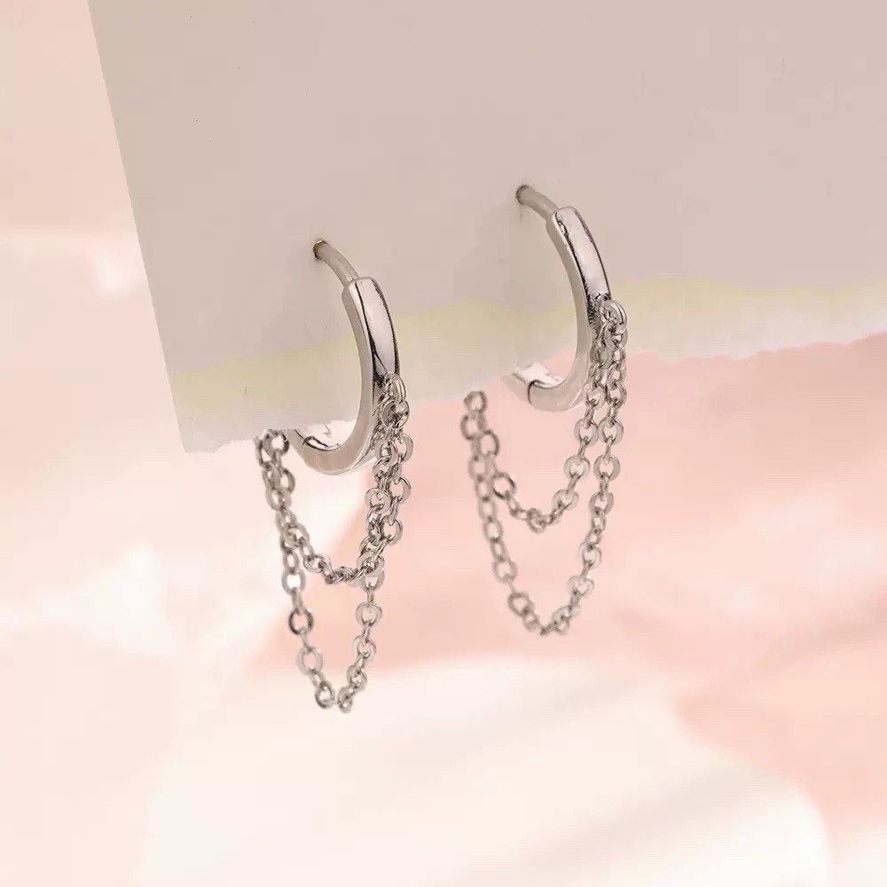 925 Silver Chain Huggie Hoop Earrings Dangle Double Chain Drop Earrings 087