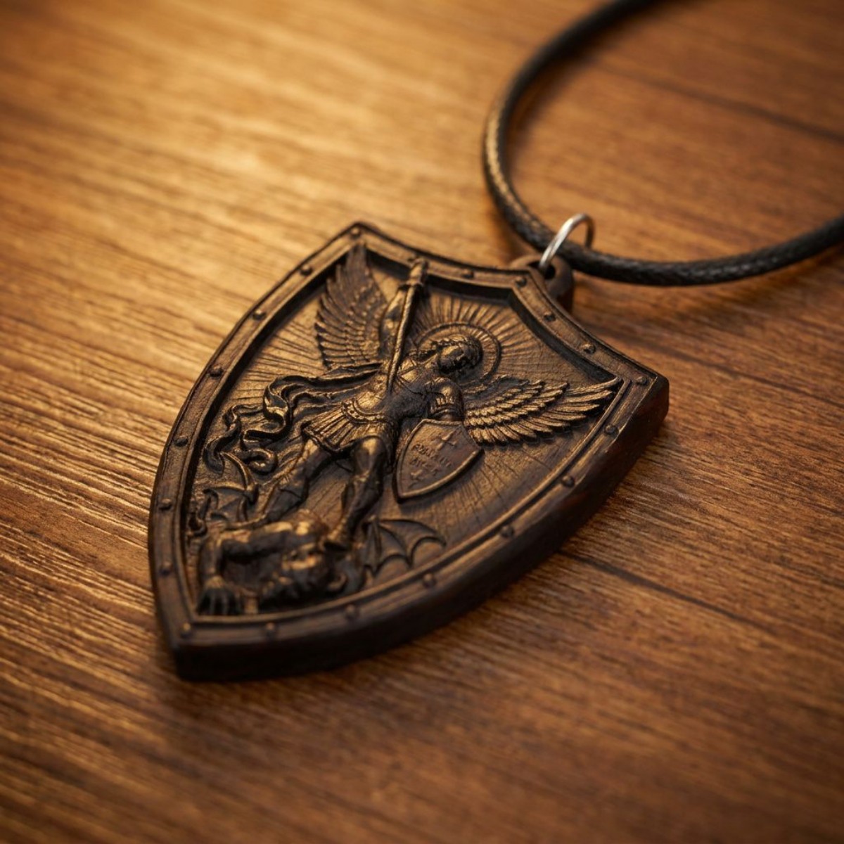 St Michael Shield Necklace – Handcrafted Ebony Wood Archangel Michael Pendant