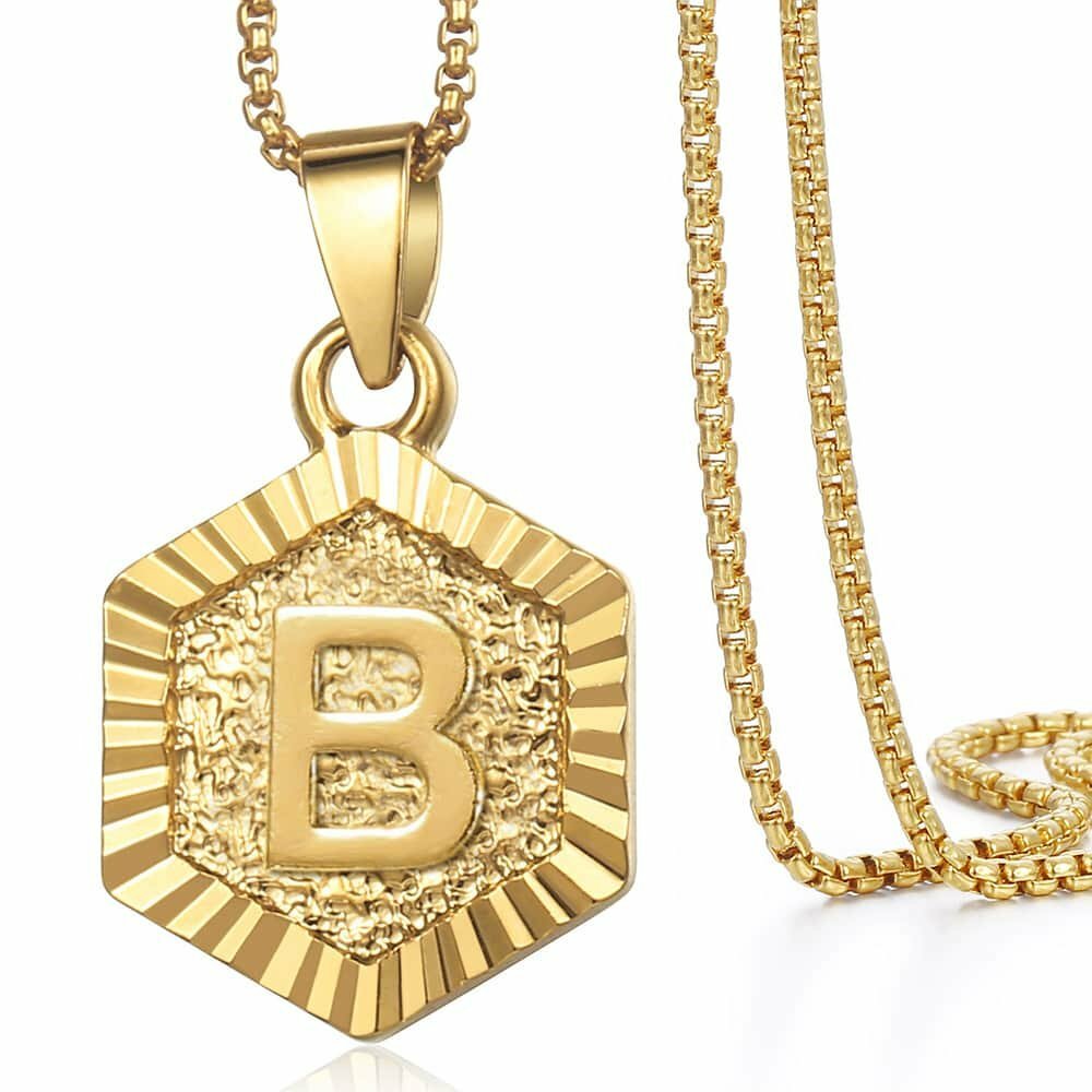 Hexagon A-Z Gold Plated 14k Initial Letter Pendant Necklace Unisex Mens Womens