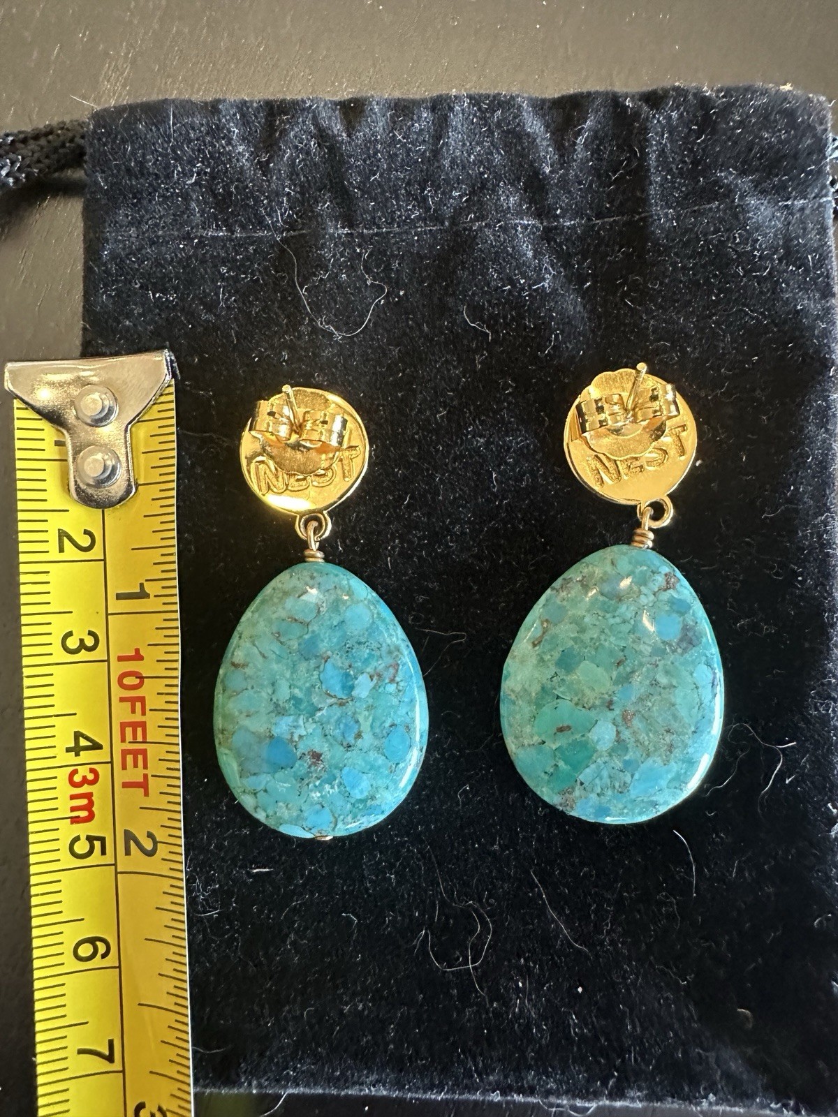 NEST Jewelry Turquoise Teardrop Dangle Earrings Brass Gold Tone 2in Signed
