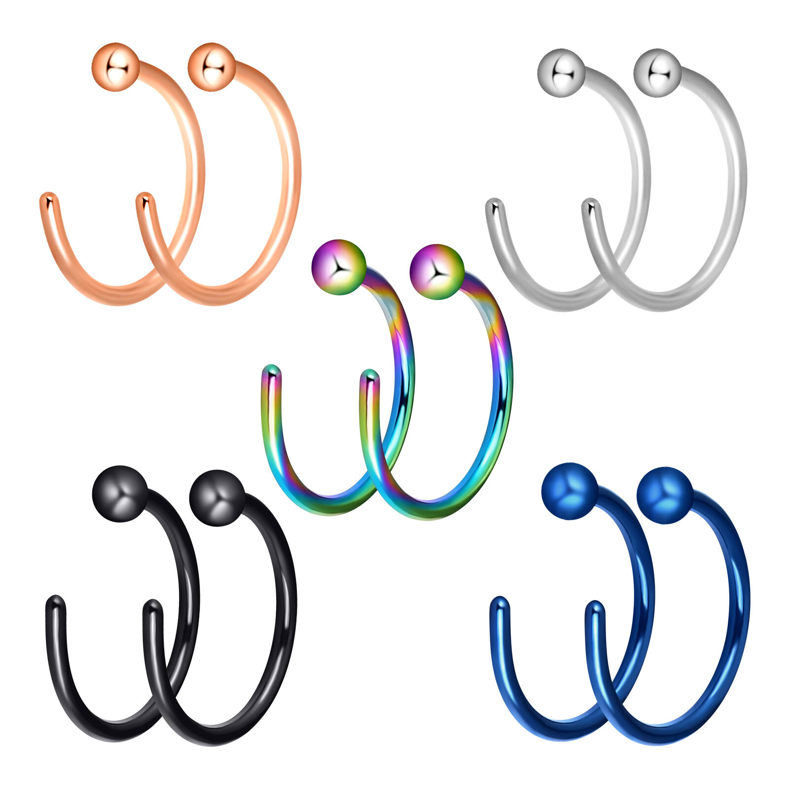 2 Pcs C-Shaped Nose Hoop Ring Lip Ear Stainless Steel Body Piercing Jewelry 20G