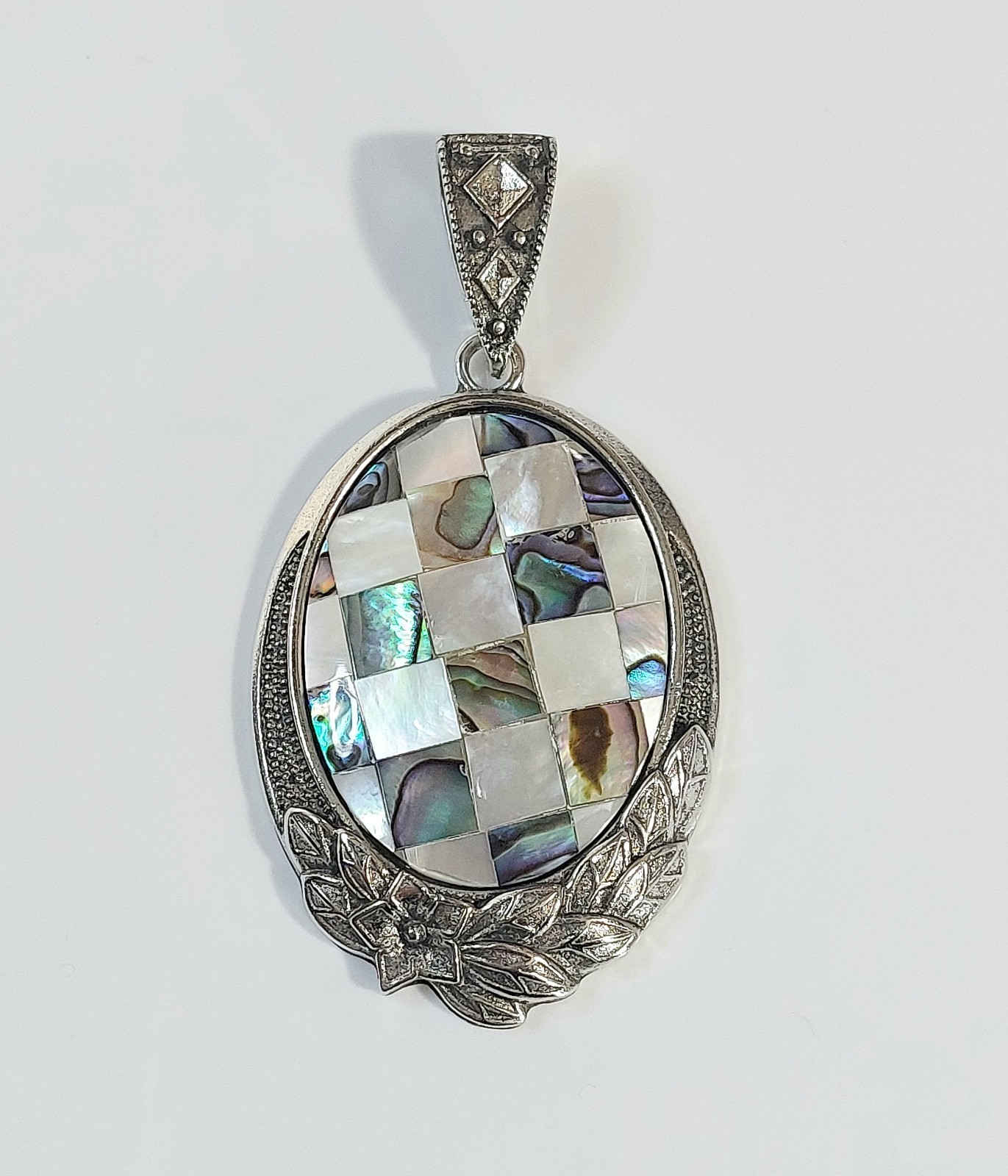 Mother of Pearl Abalone Shell Checkerboard Iridescent Necklace Pendant