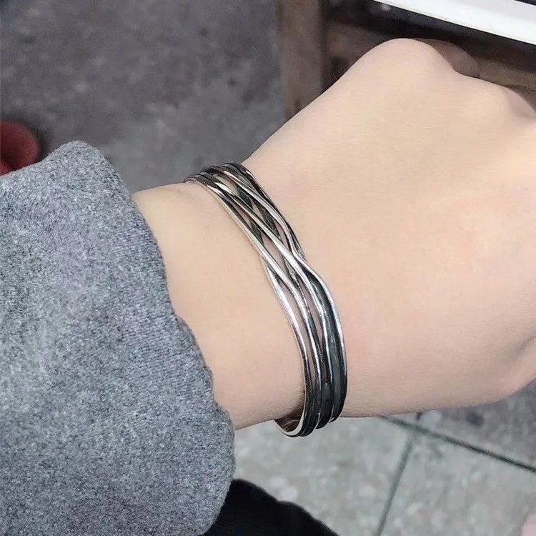 925 Sterling Silver Braided Bracelet Geometric Retro Wave Adjustable Bangle