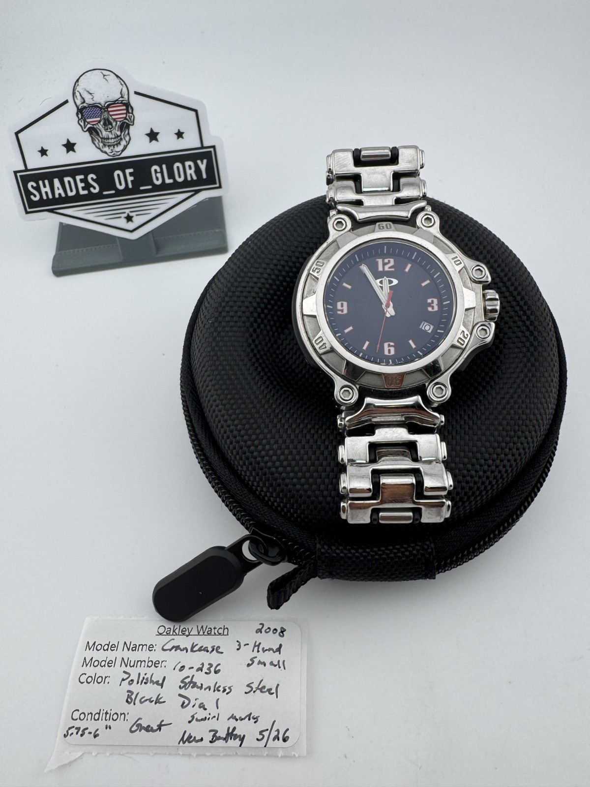 OAKLEY CRANKCASE 3-HAND SMALL WATCH POLISHED STAINLESS BRACELET BLACK 10-243