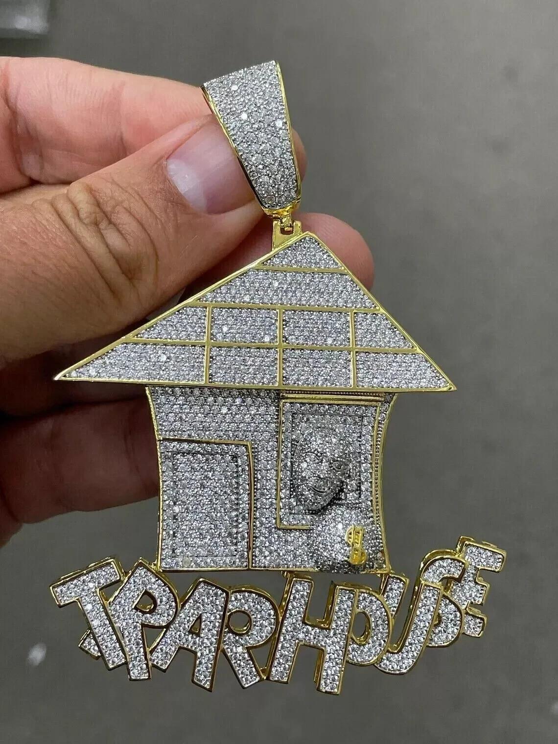4.20Ct Lab Created Moissanite Real 10k Round Trap House Pendant Yellow Gold