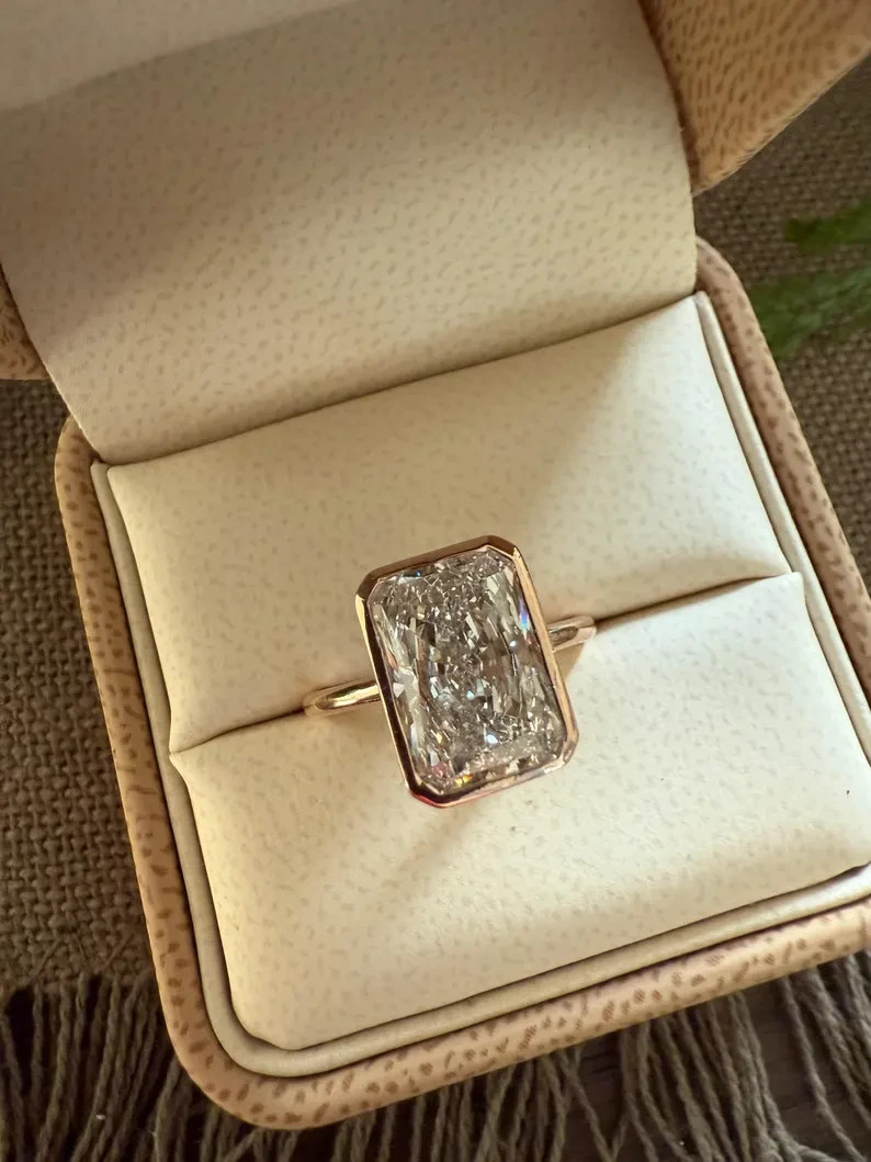 3.00 CT Radiant-Cut Real Moissanite Bezel Wedding Ring 14k Yellow Gold Plated