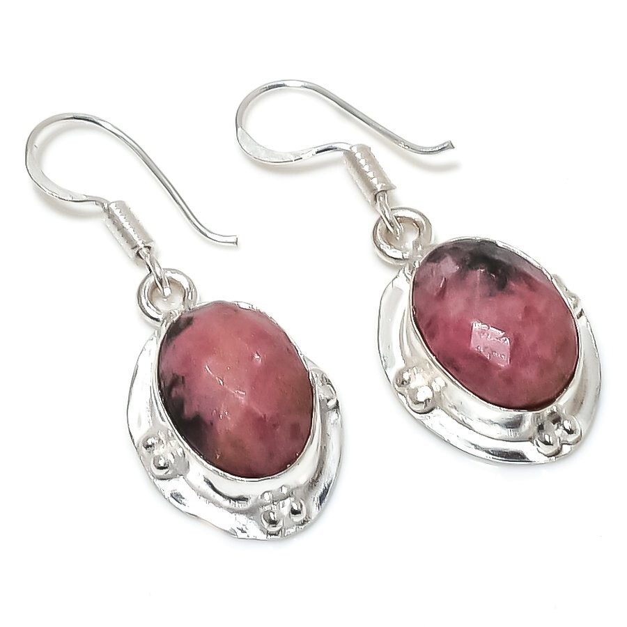 Pink Rhodonite Gemstone Handmade 925 Sterling Silver Jewelry Earring Size 1.50″