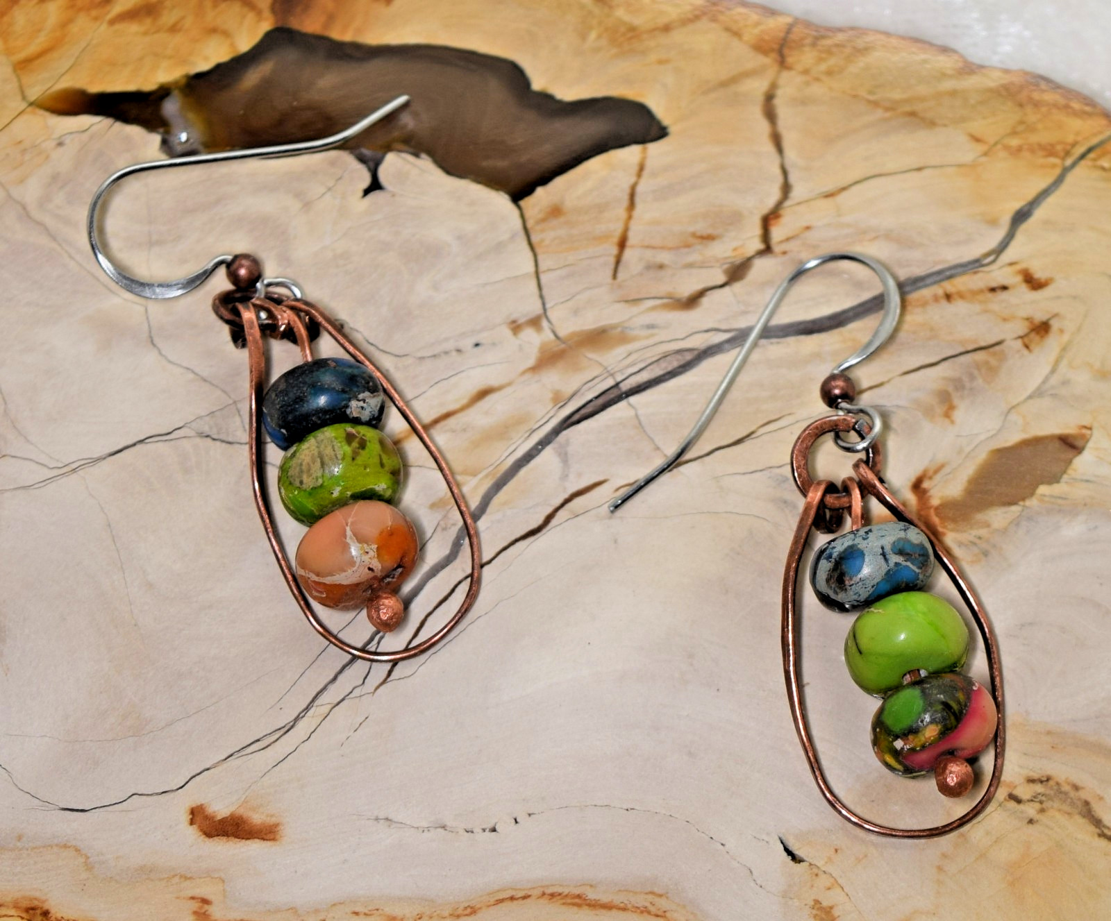 Hammered Copper & Blue, Green and Orange Copper Turquoise Bead Dangle Earrings