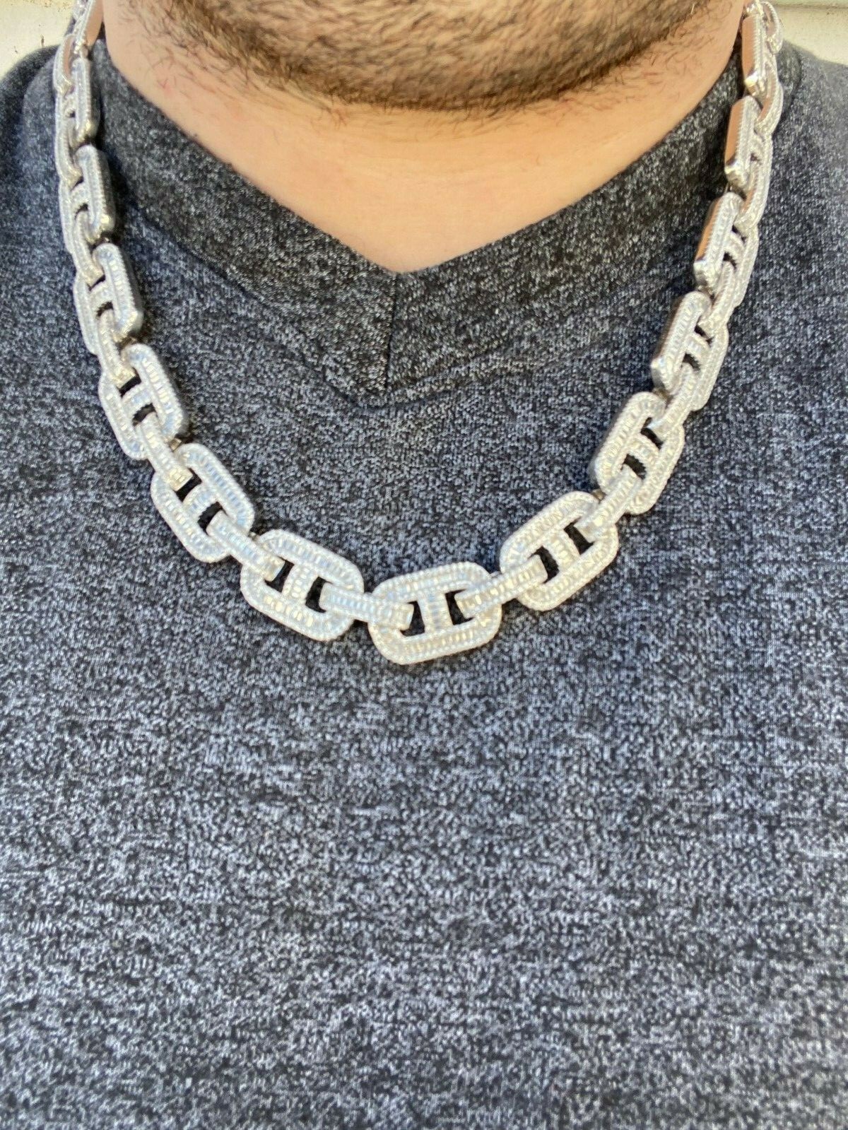 Solid 925 Sterling Silver Baguette Gucci Link Chain Iced 15mm Thick Bust Down CZ