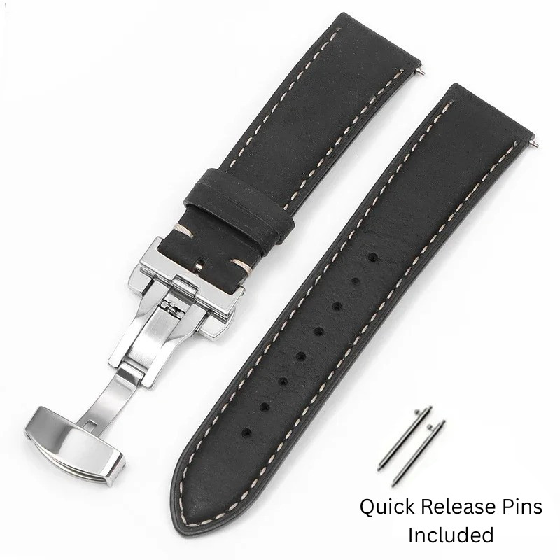 Genuine Leather Watch Strap Quick Release Butterfly Clasp Band 16-22mm