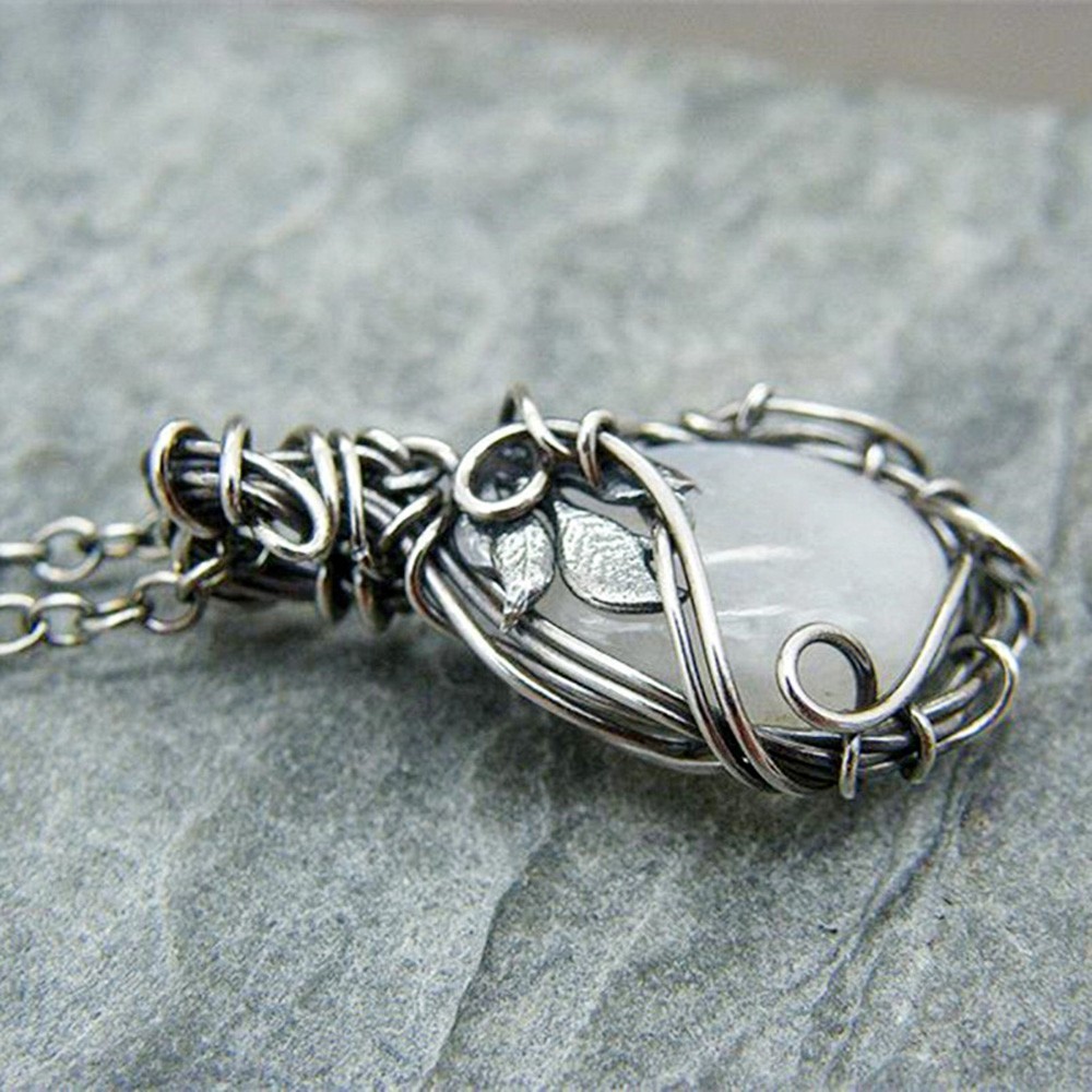 White Rainbow Moonstone Gemstone Silver Vintage Style Necklace- Pendant