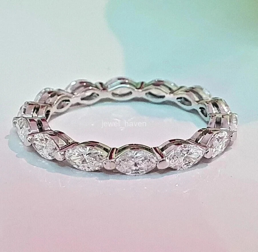 3.5Ct Marquise Cut Natural Diamond Real 14K White Gold Luxury Eternity Band Ring