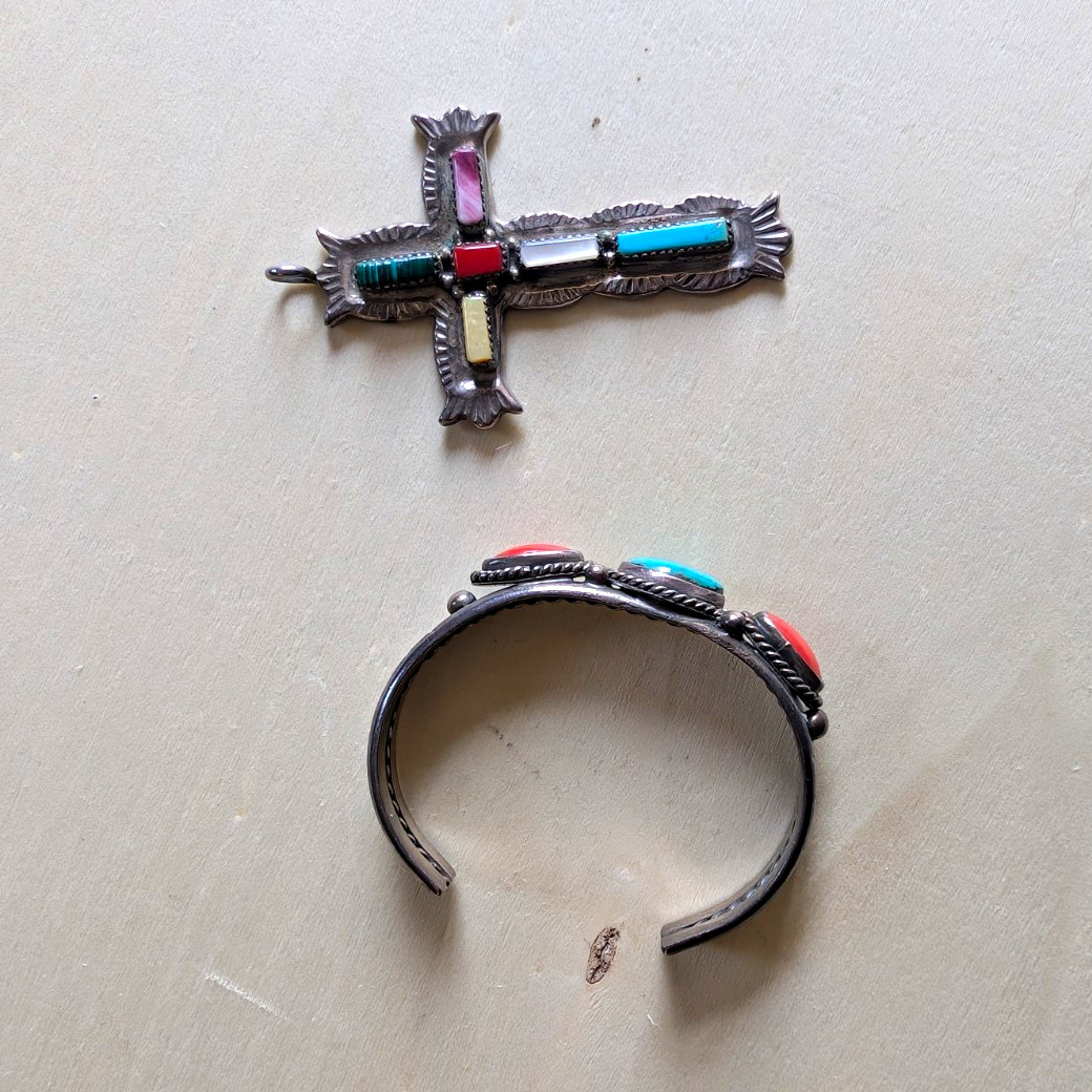 NonSterling Silver Mixed Lot Cuff Bracelet & Cross Pendant Turquoise/Other Stone