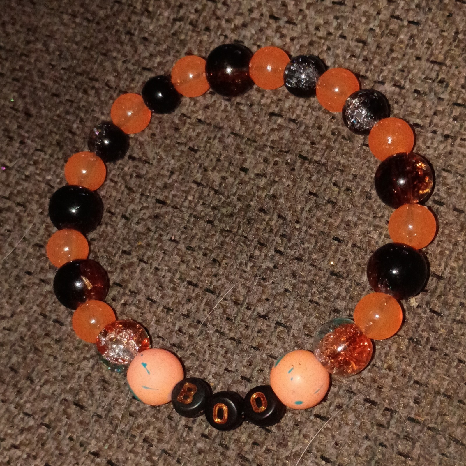 Orange & Black Round Beaded Stretch Bracelet Acrylic & Glass Beads No Closure