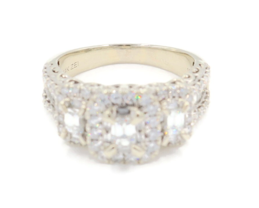 2.65 ctw Emerald, Baguette, & Round Double Halo 14KT White Gold Engagement Ring