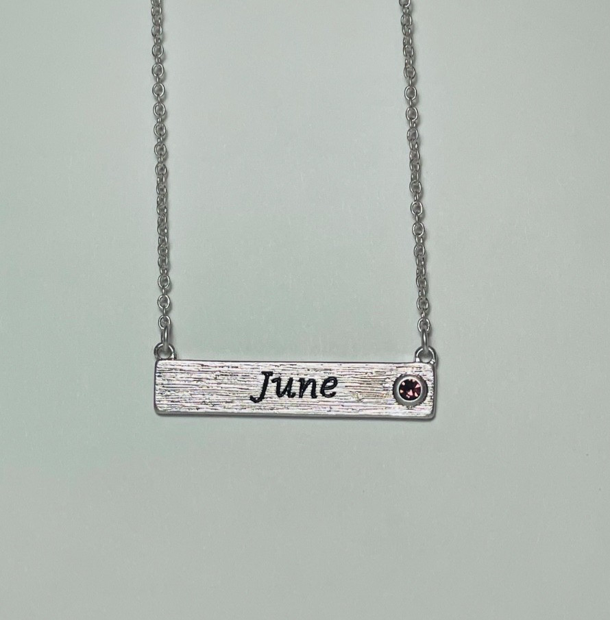 Personalized June Birthstone Necklace Bar Pendant Dainty Silver Plated