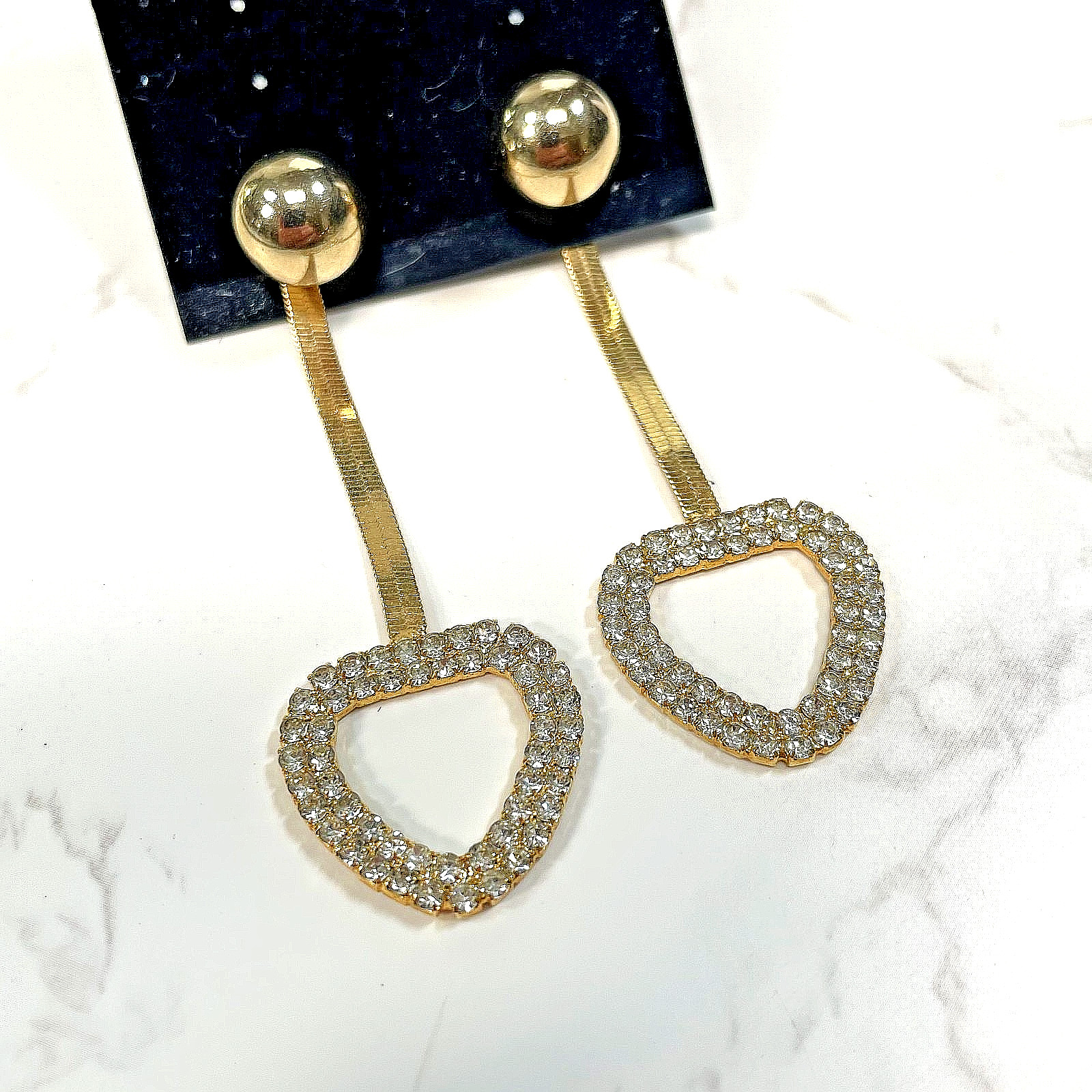 Gold Tone Herringbone Chain Drop Earrings Pave Rhinestone Open Heart Ball Stud