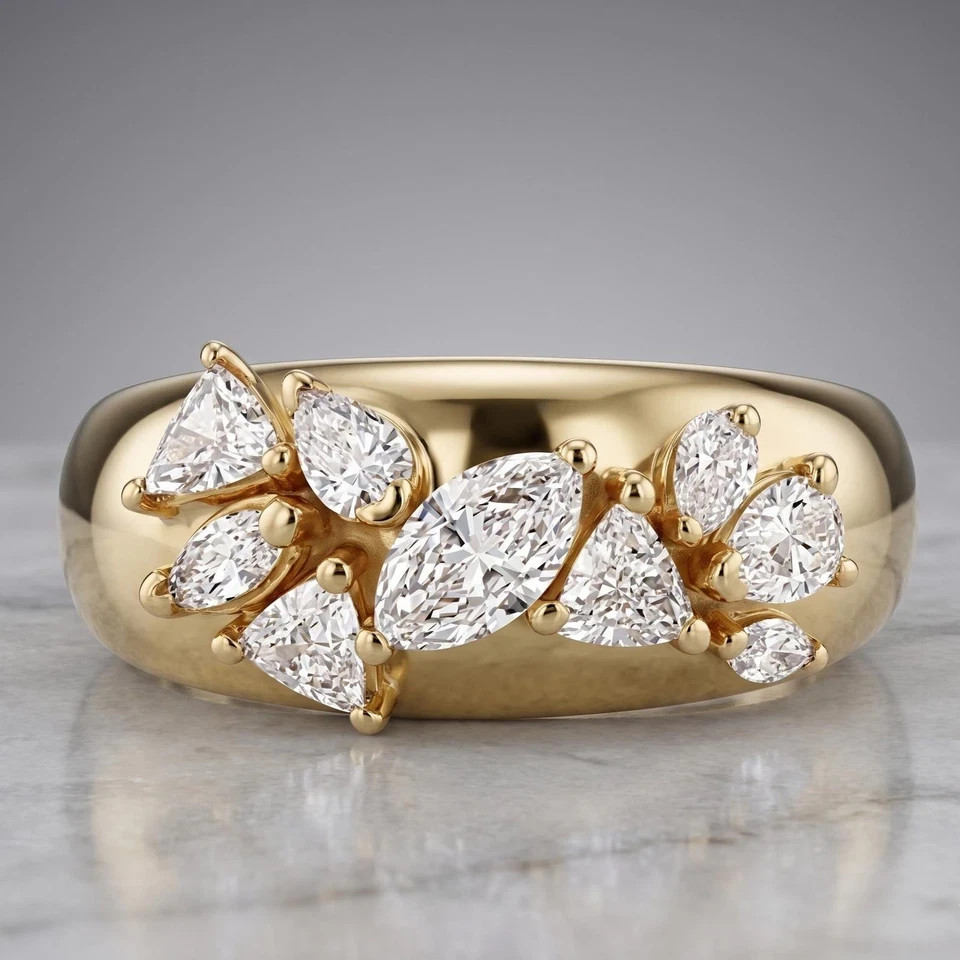 Cluster Engagement Ring Sale ! Marquise Cut Lab Grown Diamond 14k Yellow Gold