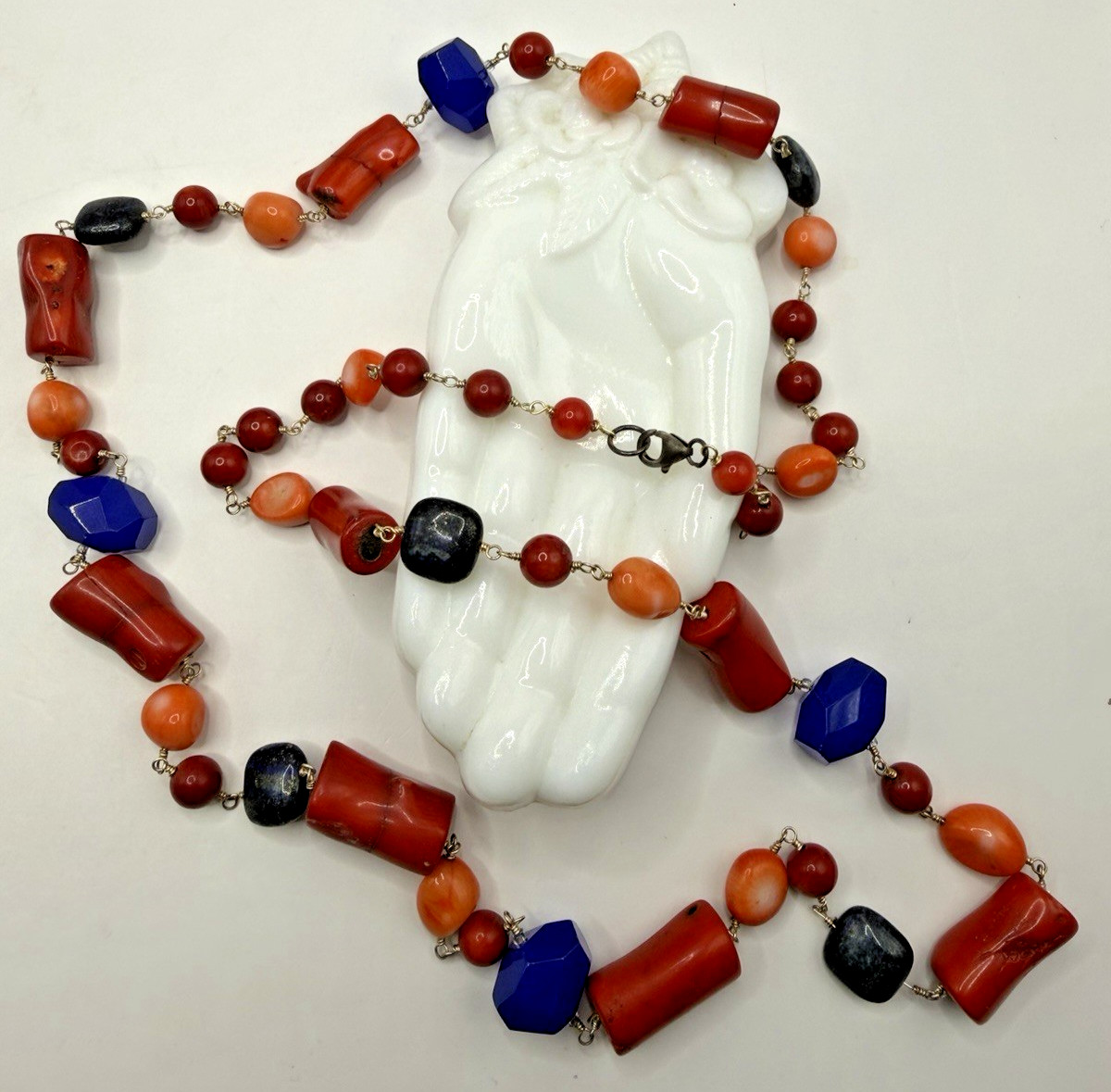 Vintage Bamboo Coral & Glass Bead Necklace w/ Sterling Silver Clasp 34 Inches