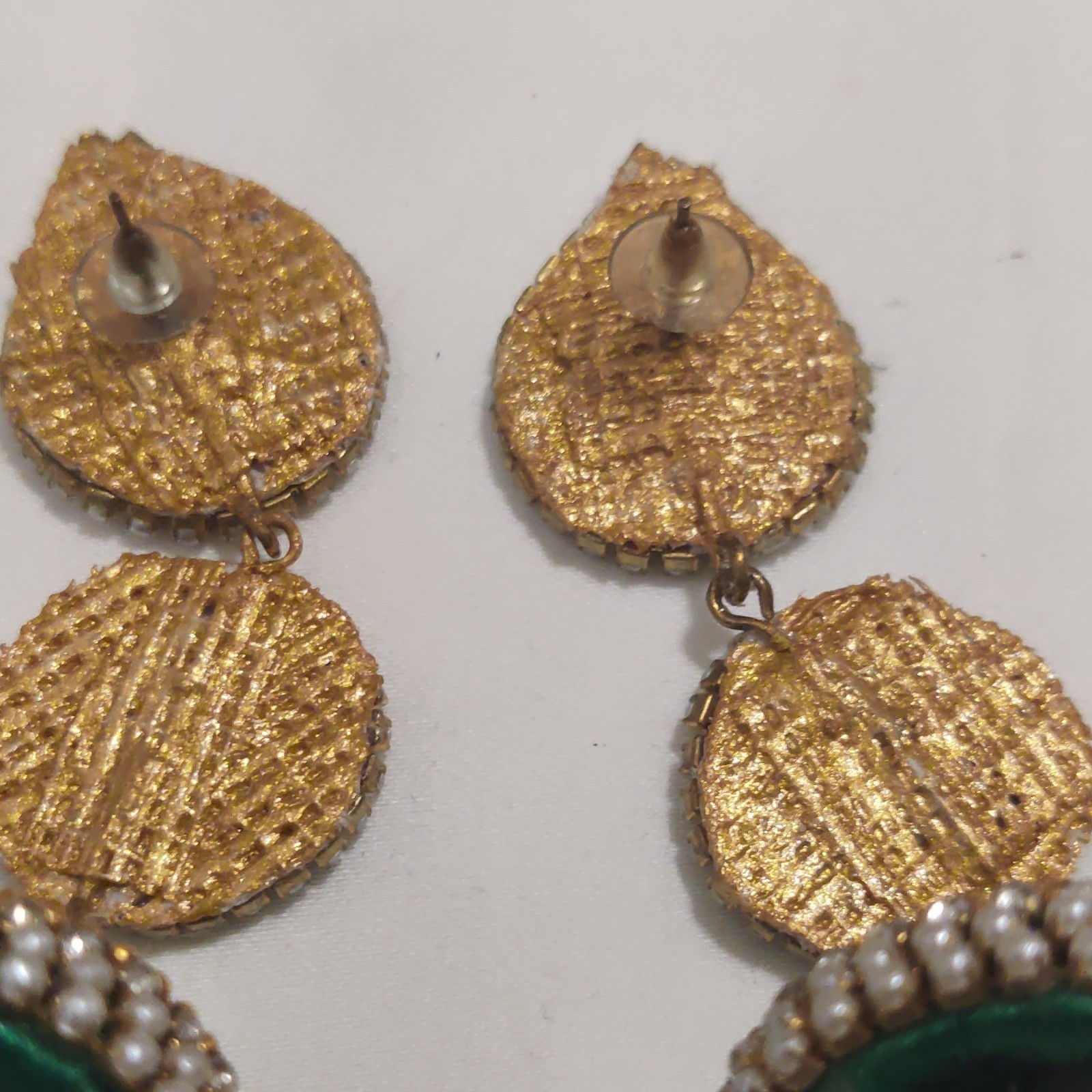 Gold Tone Green Dangle/Drop Earrings, Simulated White Pearl Crystal, Post