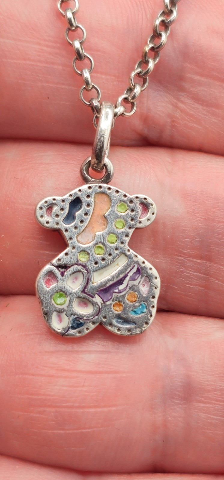 TOUS 925 Sterling Silver Enamel Teddy Bear Pendant Necklace Multicolor Spain