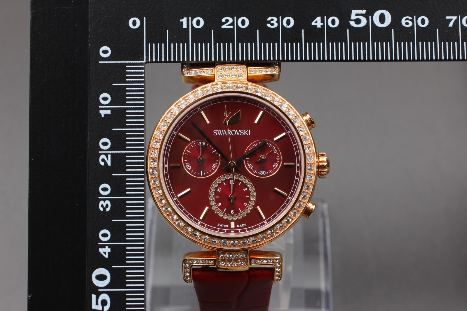 Top MINT Swarovski Chronograph Swiss Made Quartz Red Rose Gold Watch From JAPAN