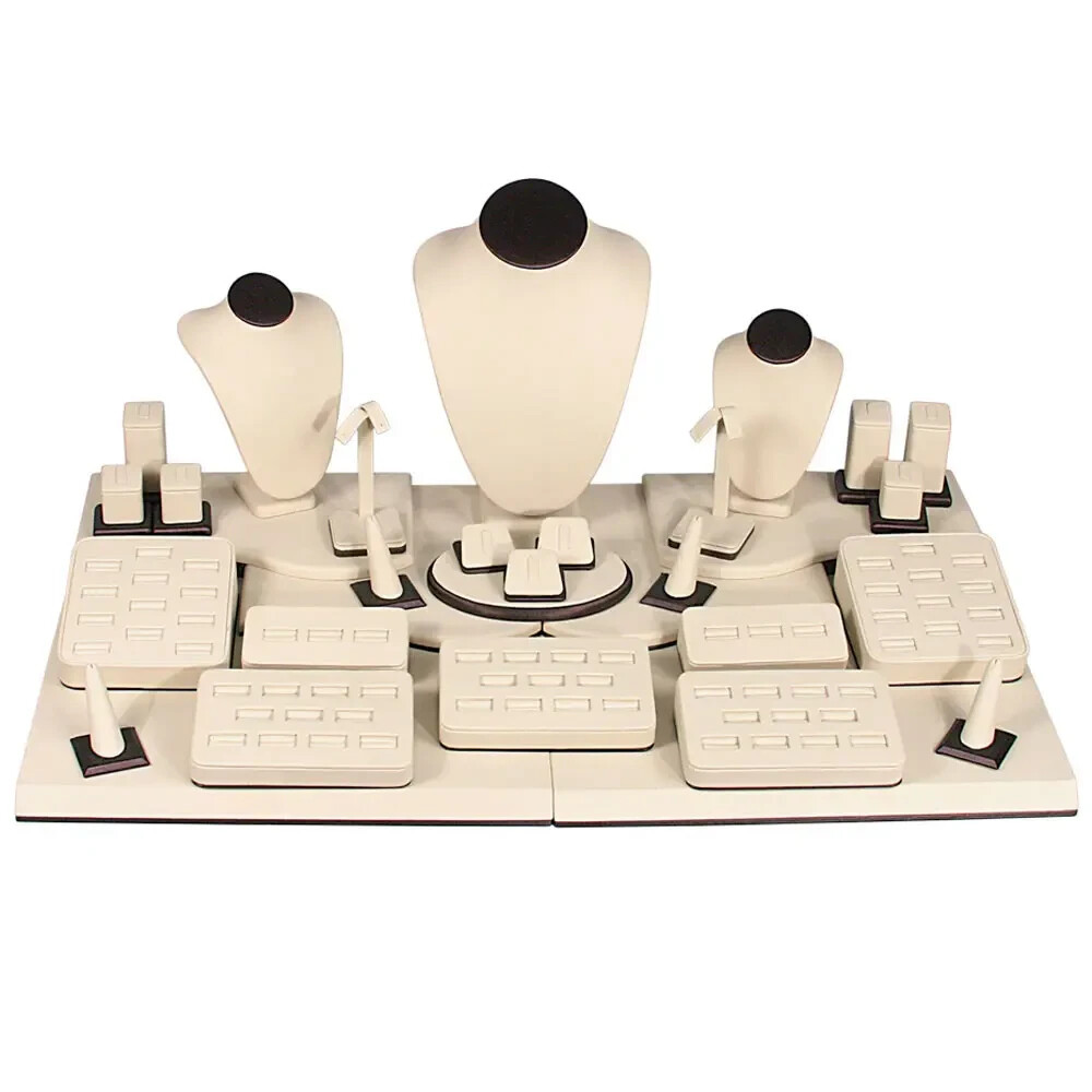 32 Piece Beige Leatherette Jewelry Showcase Display Set