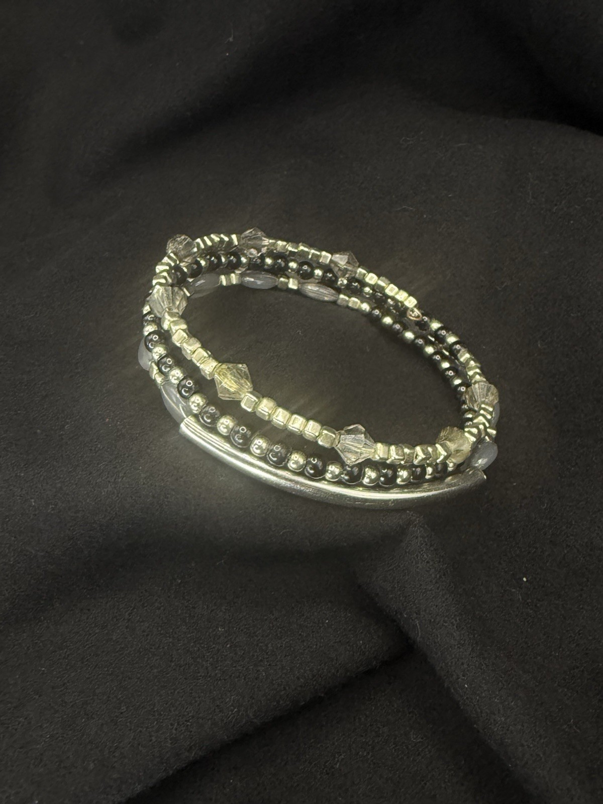 Silver Tone Stackable Wrap Bangle Bracelet, Gray Round Crystal Bead Strands