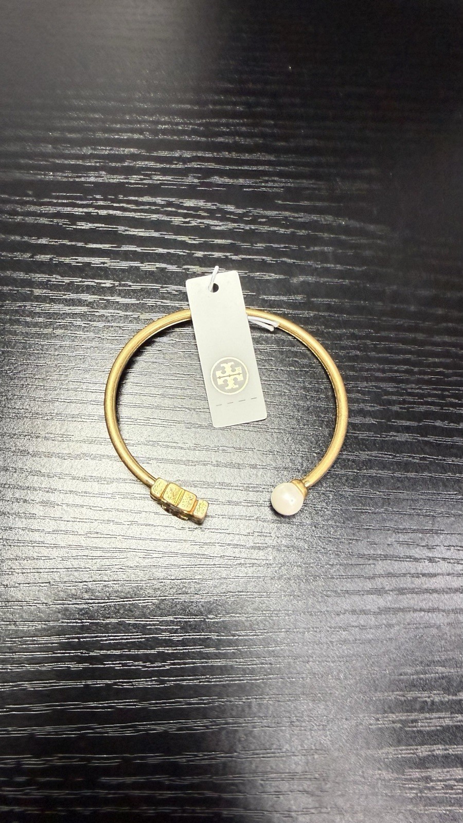 Tory Burch Gold Tone Stackable Cuff Bracelet w/ Round White Pearl Signed