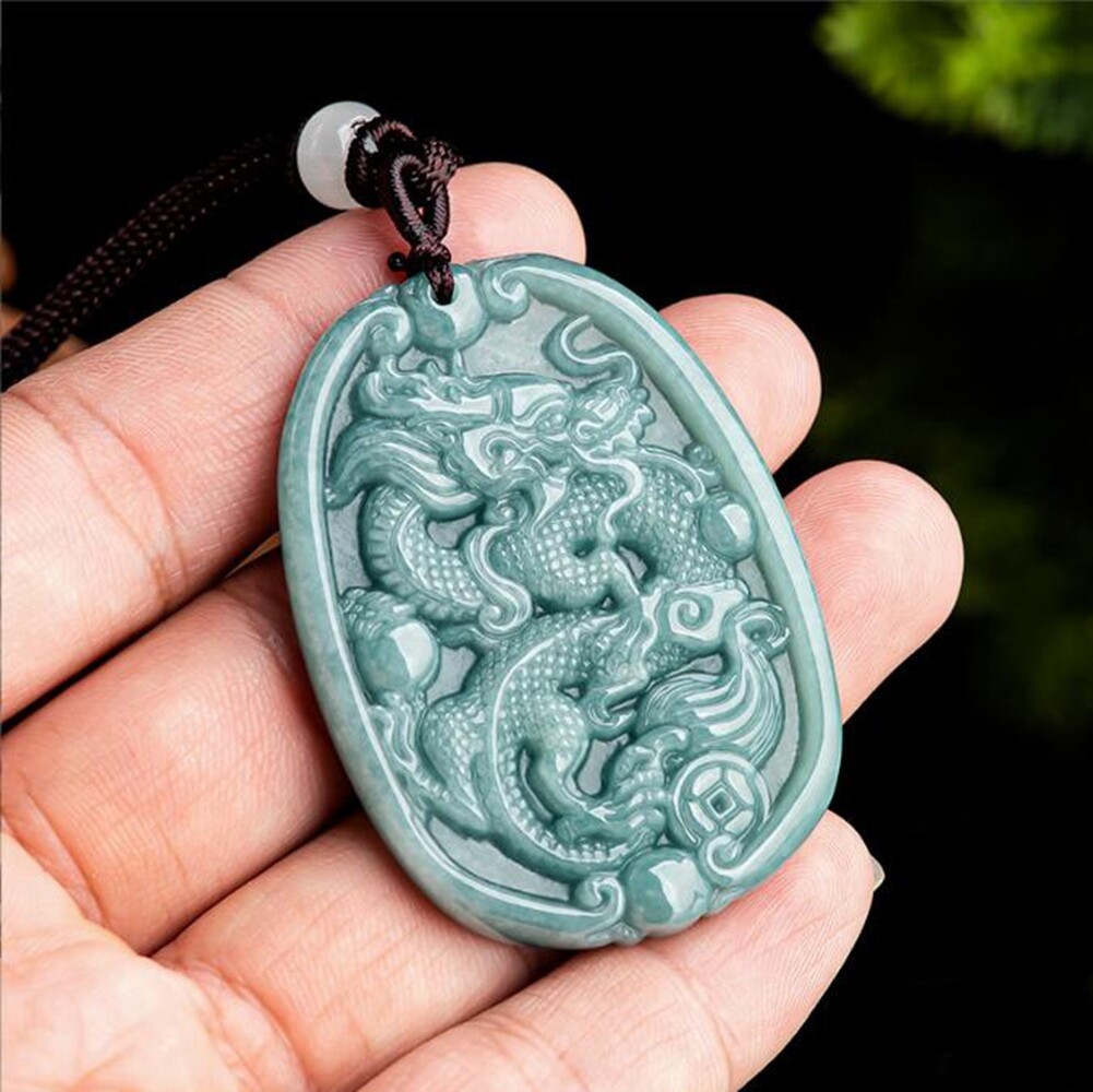 Certified Green Natural A Jade jadeite Gem Carved Zodiac Dragon Pendant Necklace