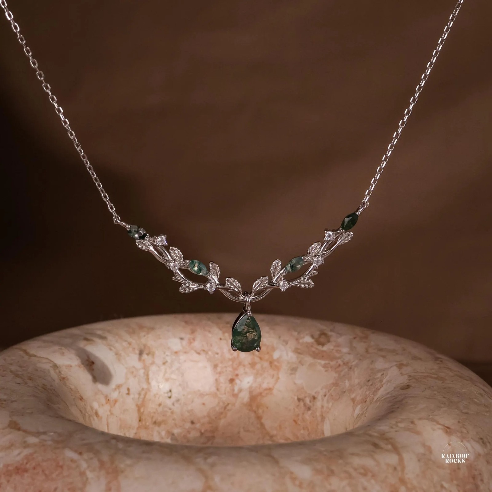 Natural Moss Agate Leaf Necklace Sterling Silver, Vintage Style Pendant for Her