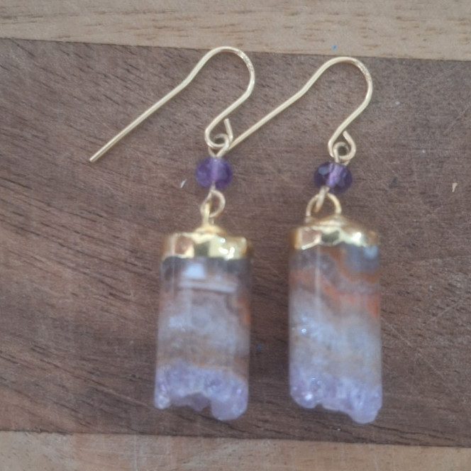14 K Gold Plated Hook Dangle Earrings With Natural Purple Amethyst Crystals