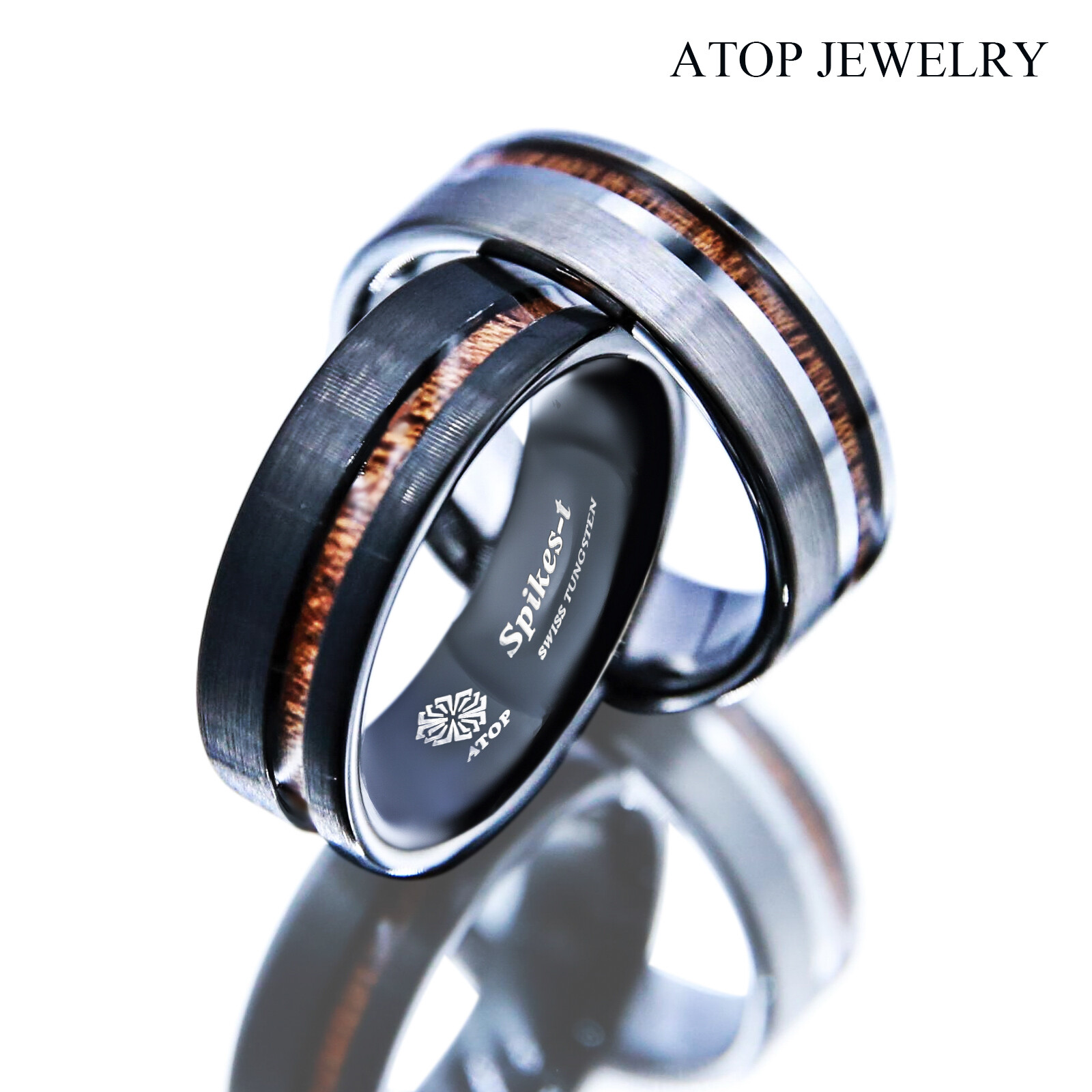 8mm Black/Silver Tungsten Carbide Ring Off Center Koa Wood ATOP Wedding Band