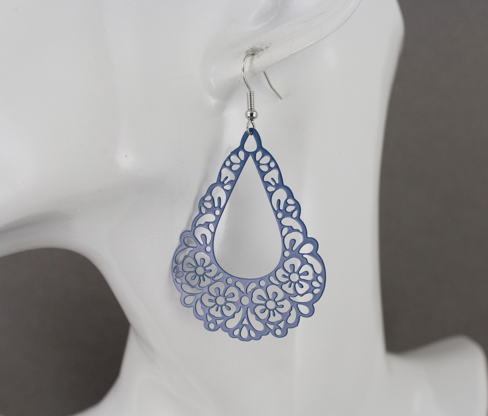 Blue Teal earrings teardrop dangle VERY lightweight filigree 2.5″ long floral