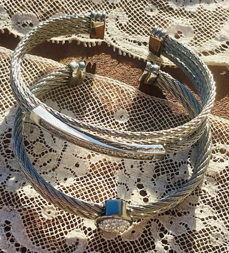2 Stainless Sliver Mesh Cubic Zirconia Stackable Cuff Bracelet 6.25