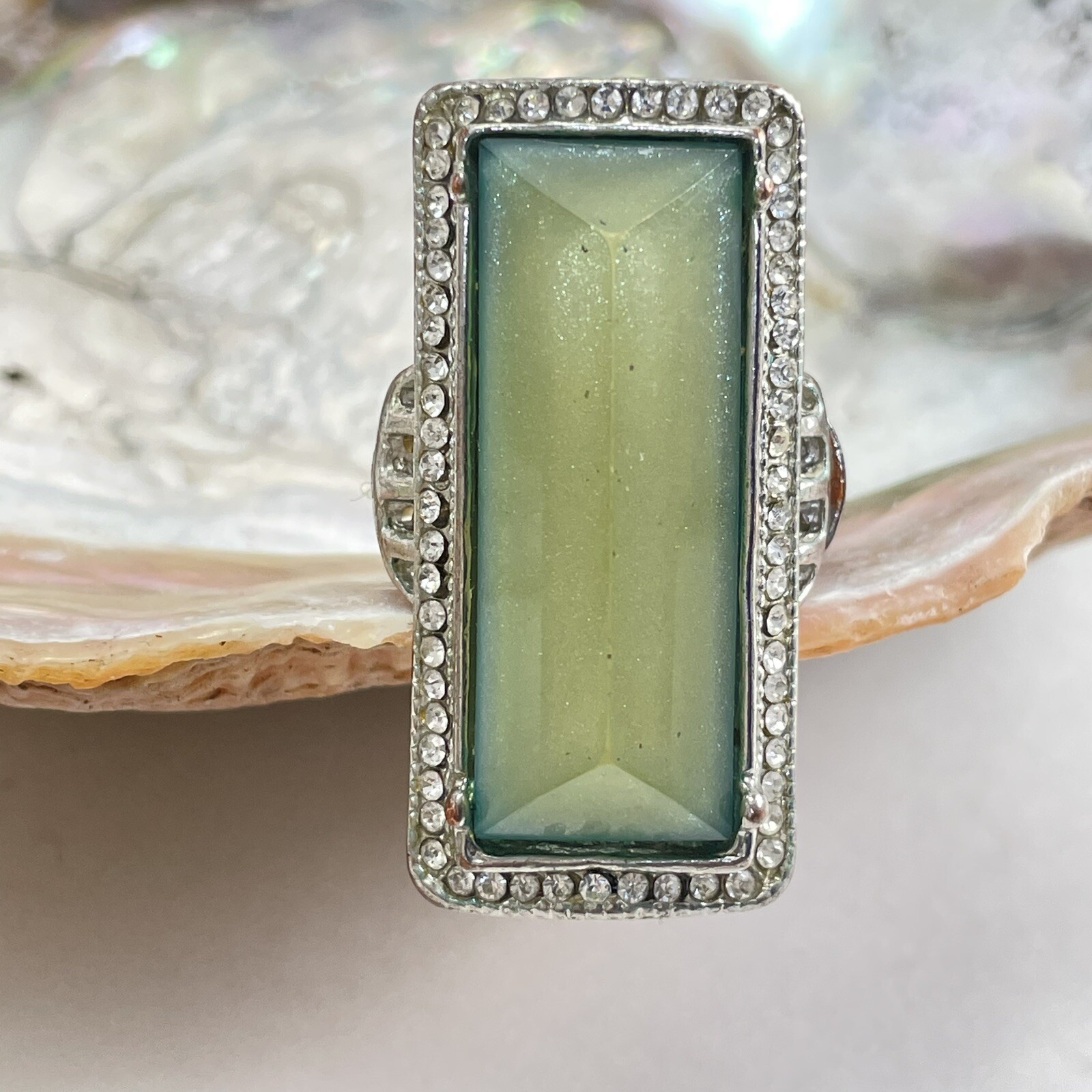 Ashley Stewart Lemelle Glam Ring Women’s Adj Size Olive Tone Clear Rhinestones