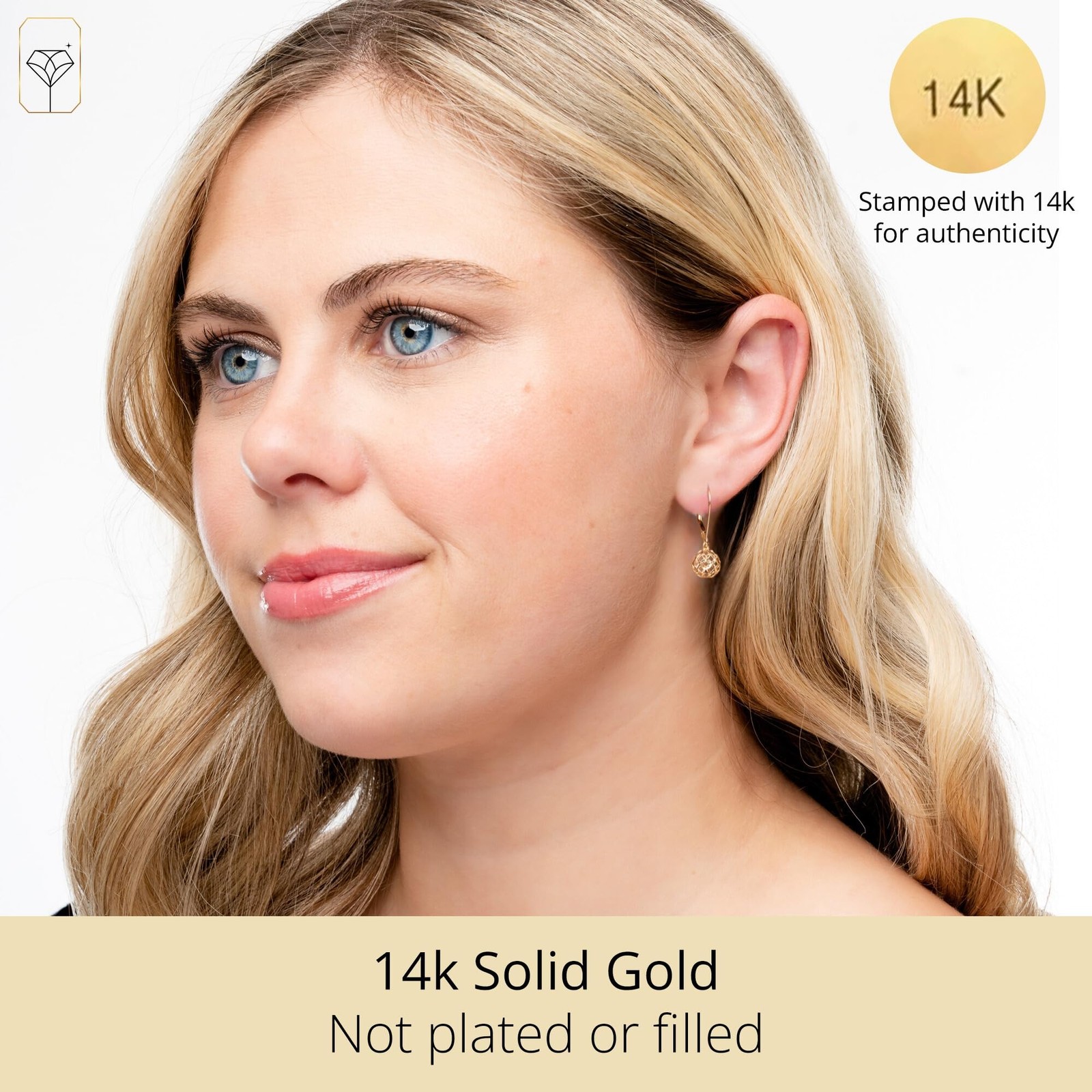 Solid 14K Yellow Gold Filigree Ball Drop Leverback Earrings for Women