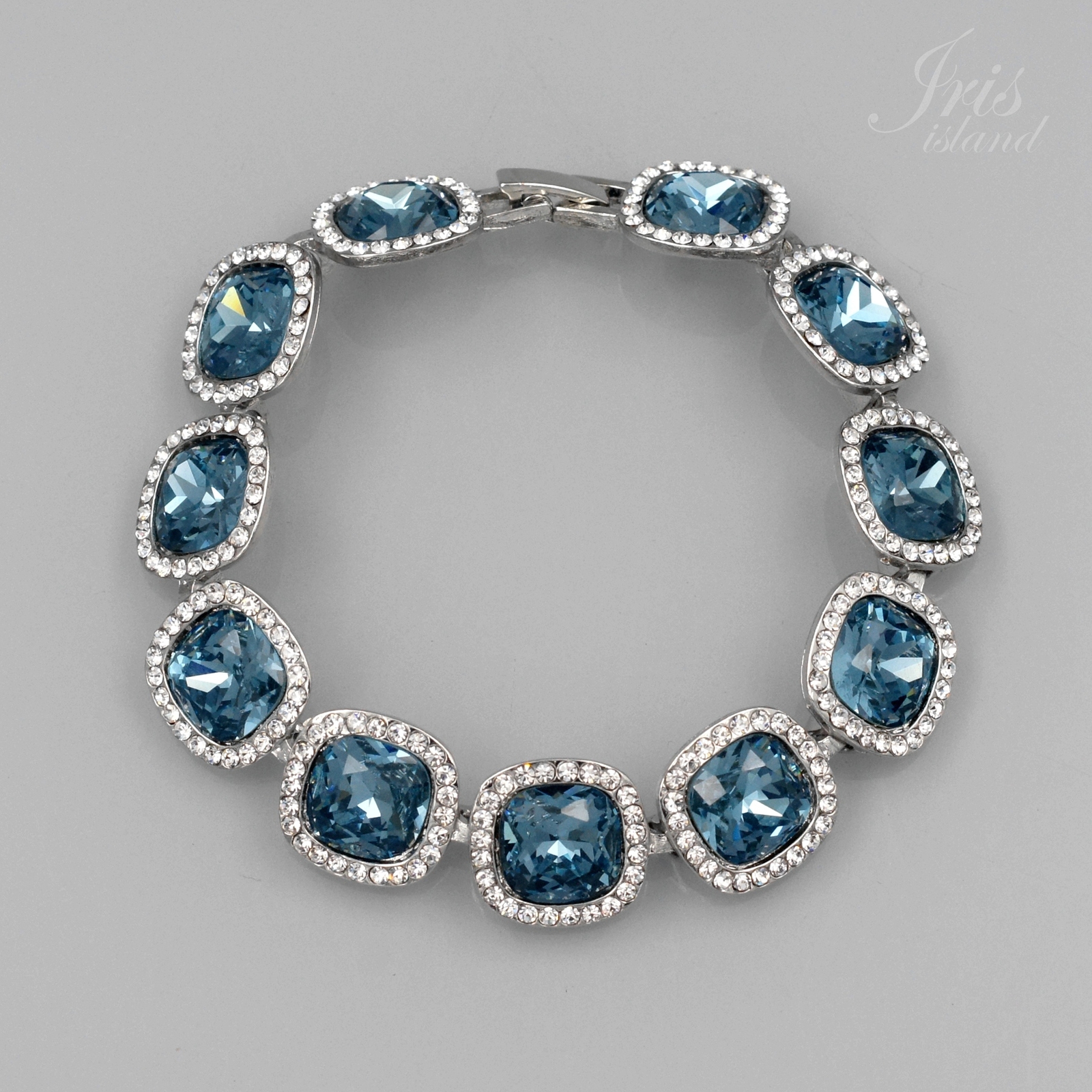 Women Rhodium Plated Aqua Blue Crystal Rhinestone Tennis Bracelet Jewelry 06491