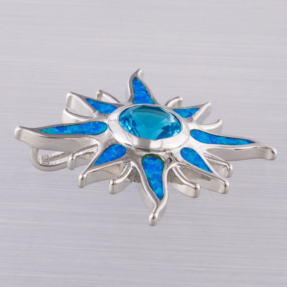 Starburst Simulated Blue Topaz Blue Fire Opal Silver Jewelry Necklace Pendant