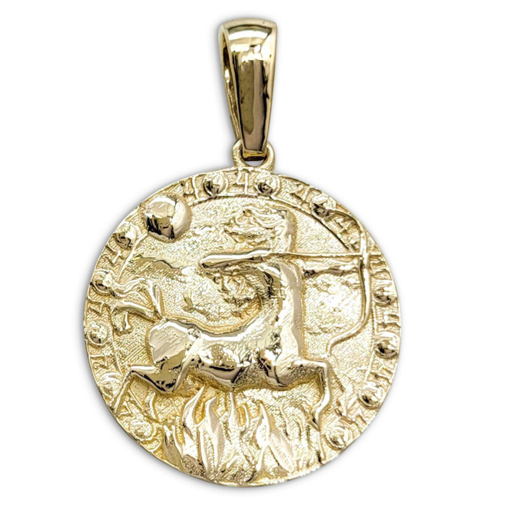 Real 10K Yellow Gold Sagittarius Pendant, Zodiac Sign Coin Pendant Astrology