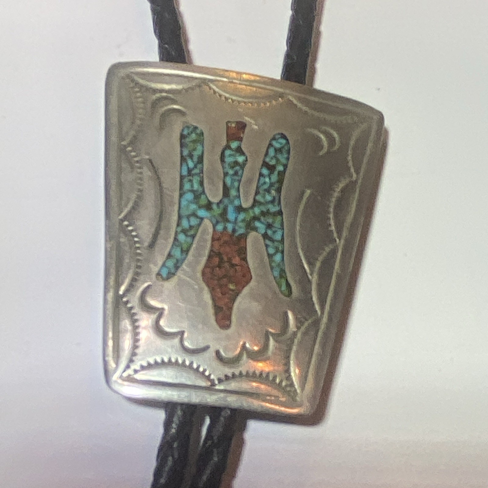 Vintage Navajo Unsigned silver Bolo Tie Turquoise Coral Chip Inlay Peyote Bird