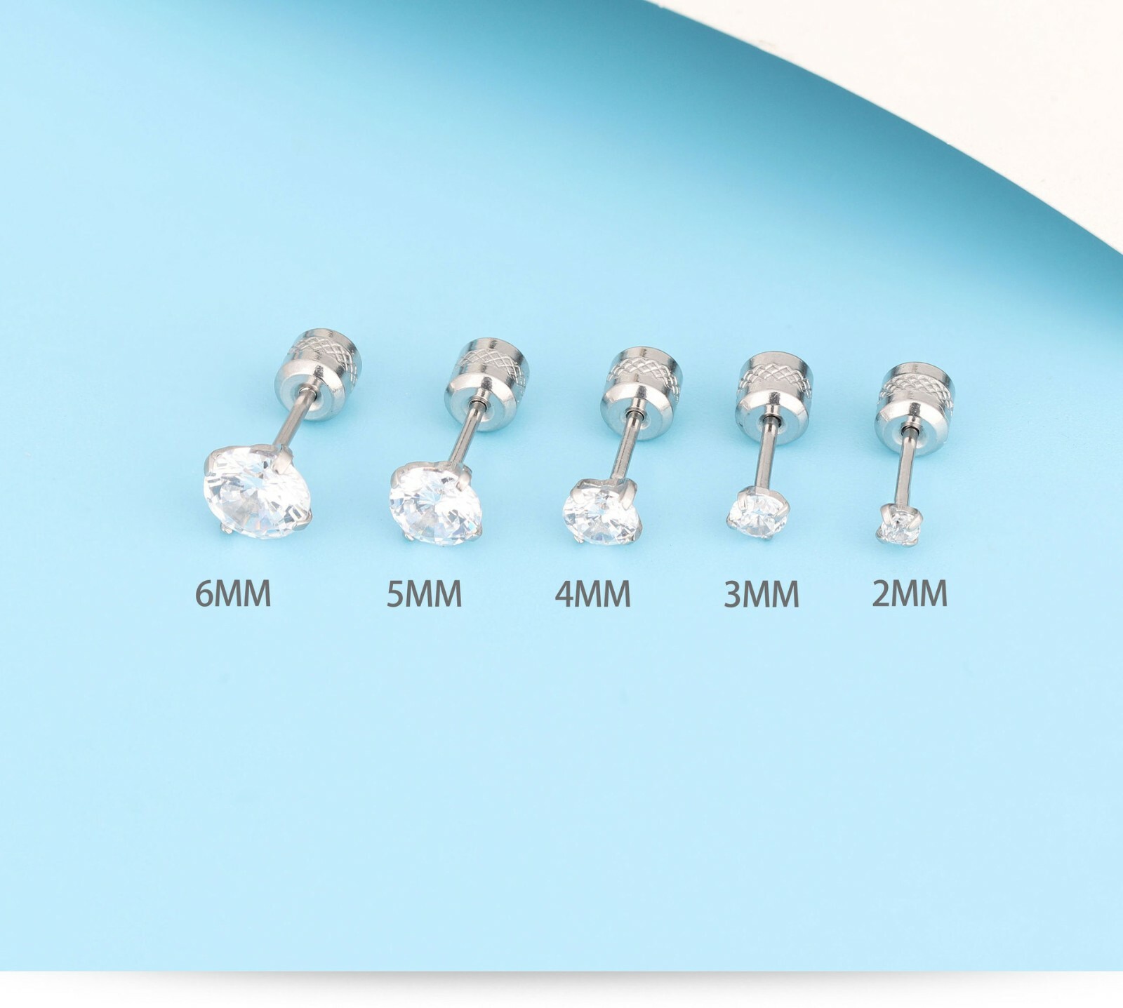 2PCS Silver Stainless Steel Round CZ Earrings Screw Back Ear Stud for Men Women