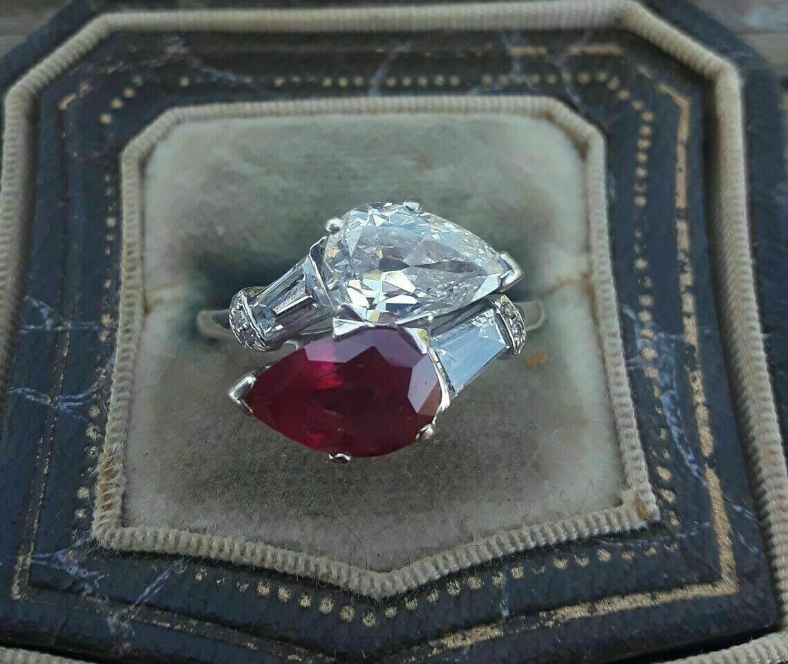 Antique Ring 14k White Gold Over 4.20Ct Lab Created Diamond & Ruby Wedding Ring