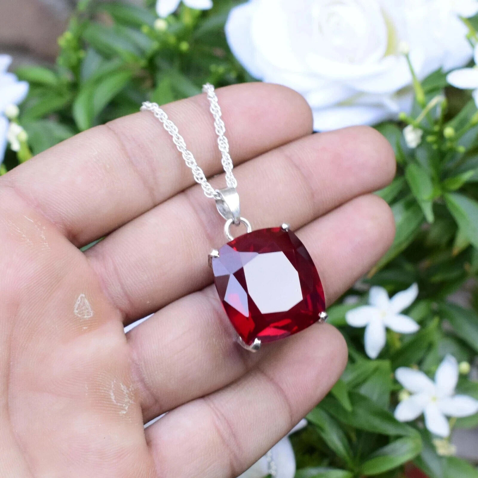 30 Ct Natural Red Ruby Pendant 925 Sterling Silver Cushion Cut Gemstone Jewelry