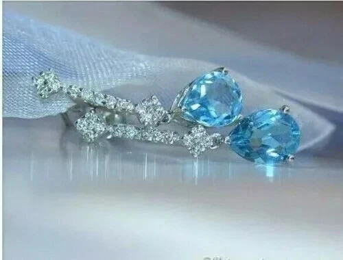 3.00Ct Pear Cut Simulated Aquamarine Drop/Dangle Earrings 14K White Gold Plated