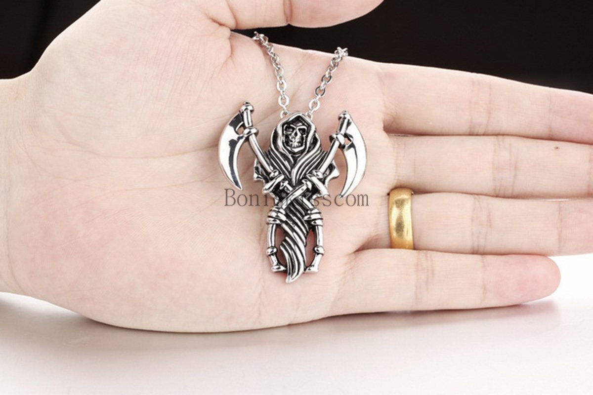 Casted Grim Reaper Skull Tribal Men’s Stainless Steel Necklace Pendant 21″ Chain