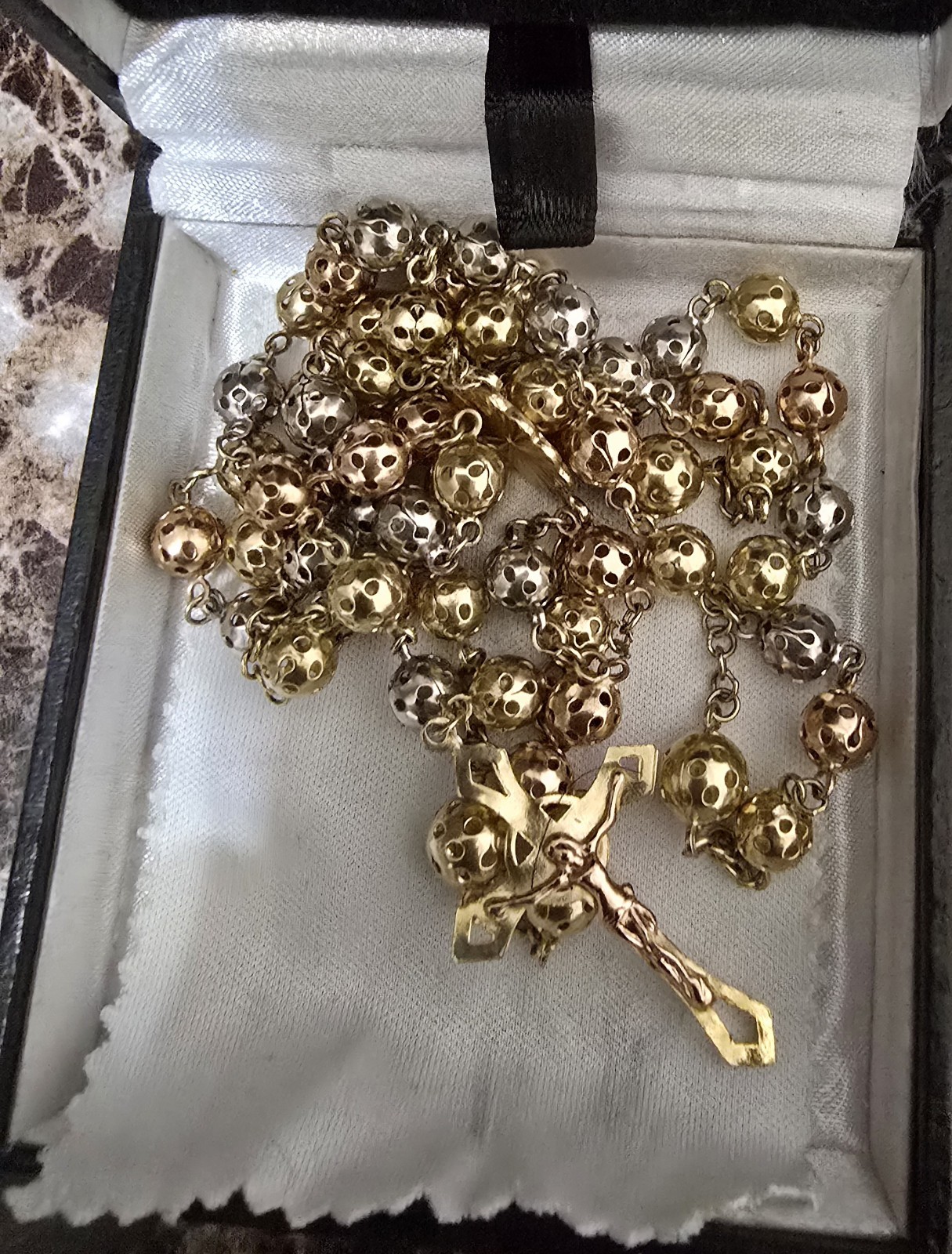 14K Solid Tri color Gold 2.4mm Puf Ball Virgin Guadalupe Rosary Necklace Rosario