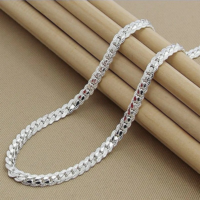 925 Sterling Silver 5mm Side Chain Necklace Bracelet Set Kit Men Women Gift
