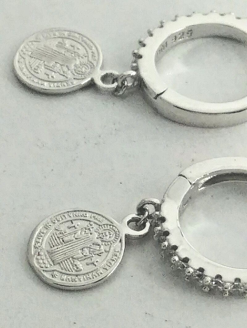 925 STERLING SILVER Rhodium Plated SAINT BENEDICT MEDAL Earrings 22x13MM